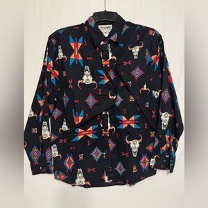 Wrangler Western Women’s Button Blouse Shirt VTG 90s XL Aztec Print Multi-Color